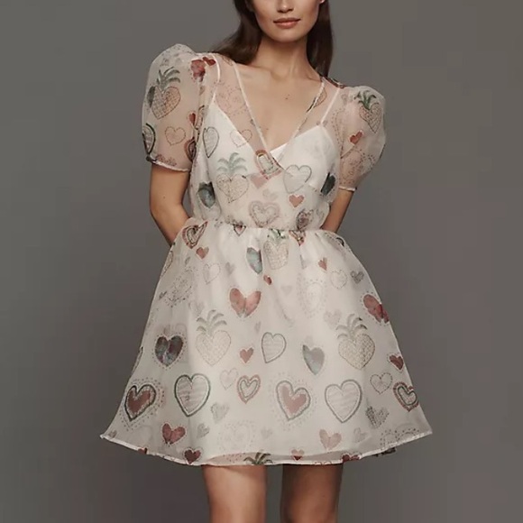 FARM Rio Dresses & Skirts - Farm Rio size medium dress semi sheer hearts puff sleeve pineapple mini party
